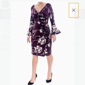 RALPH LAUREN Purple Ruched FloralBell Sleeve Dress